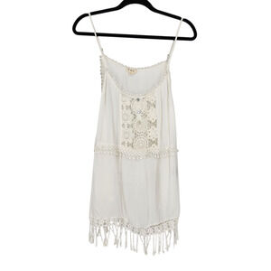 NWOT POL White Floral Crochet Lace Fringe Spaghetti Strap Tunic Tank Top Size M